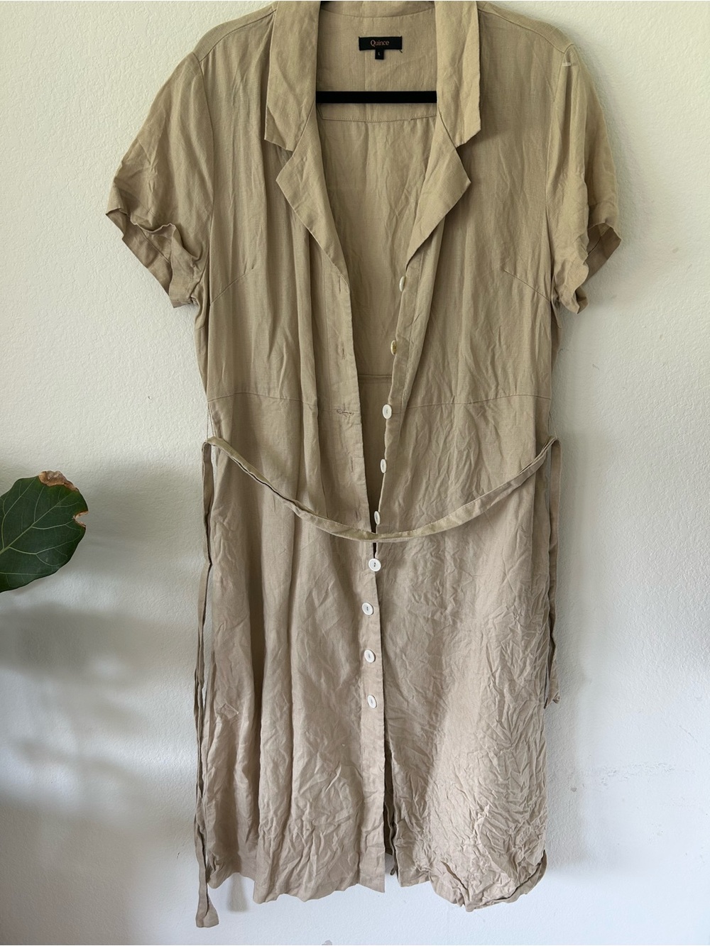 Quince Linen Beige Button-Front Midi Dress
